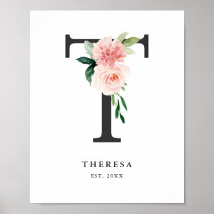 Letter T Monogram Watercolor Peach Florals Nursery Poster
