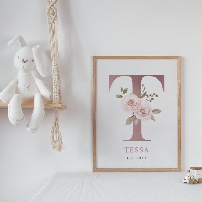 Letter T Monogram Watercolor Rose Florals Nursery  Poster (Creator Uploaded)