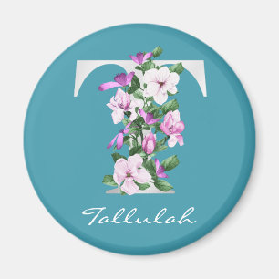 Letter T Name Floral White Metallic Monogram M Magnet