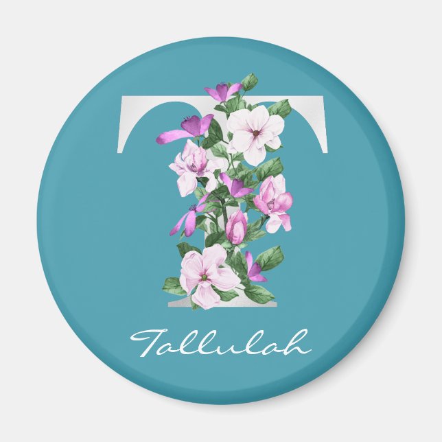 Letter T | Name | Floral White Metallic Monogram M Magnet (Front)