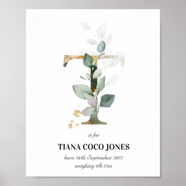 Letter T New Baby Monogram Birth Print Greenery (Front)