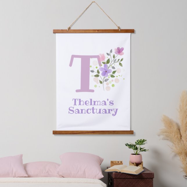 Letter T plus First Name with a Floral Design Hanging Tapestry (Bedroom)