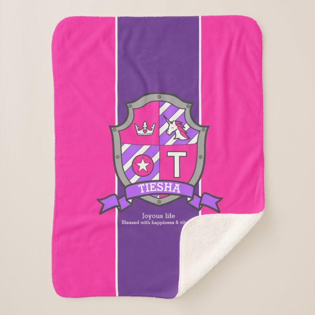 Letter T Tiesha name meaning pink purple unicorn Sherpa Blanket (Front)