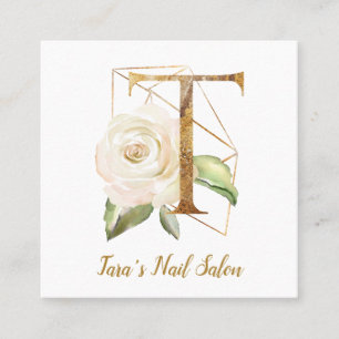 Letter T with Gold Geometric Design and Flowers Square Business Card