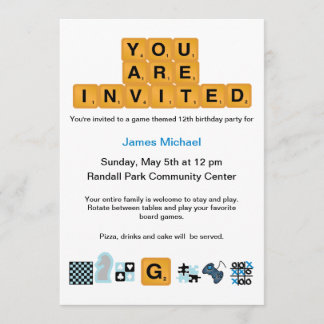 Letter Tiles Blue Birthday Invitation