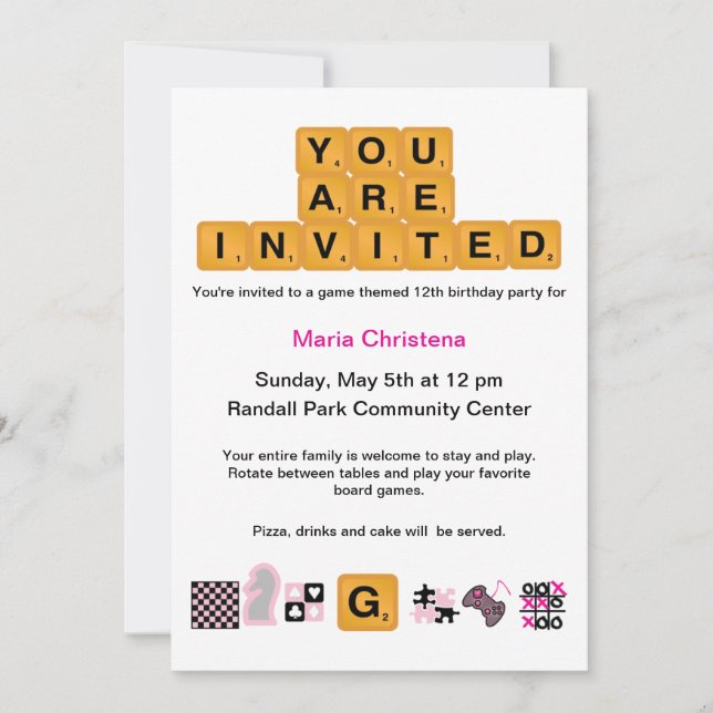 Letter Tiles Pink Birthday Invitation (Front)