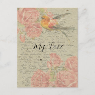 Letter to My Love Goldfinch Pink Roses Handwriting Holiday Postcard