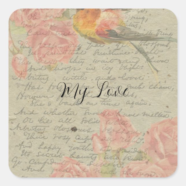 Letter to My Love Goldfinch Pink Roses Handwriting Square Sticker (Front)