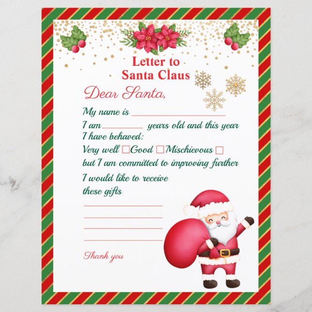 Letter to Santa Claus Christmas Wish List For Kids (Front)