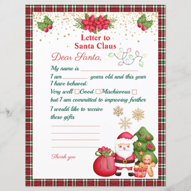 Letter to Santa Claus Christmas Wish List For Kids (Front)