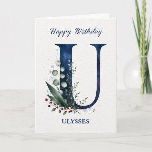 Letter U Birthday for Him Personalised Name Blue Card