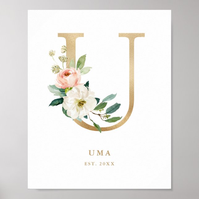 Letter U Blush Floral Monogram Gold Foil Nursery Poster (Front)