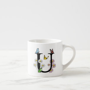 Letter U Floral Butterfly Monogram Initial  Espresso Cup