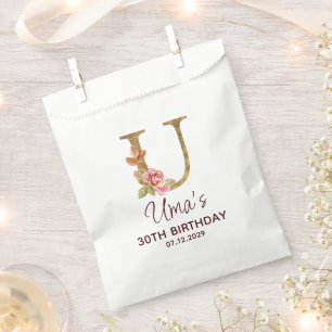 Letter U Gold Monogram Blush Pink Roses Favour Bags
