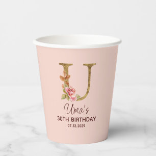 Letter U Gold Monogram Blush Pink Roses Paper Cups