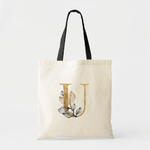 *~* Letter U Gold Monogram Initial Black Leaves Tote Bag