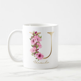 Letter U Gold Monogram Pink Magenta Floral Coffee Mug