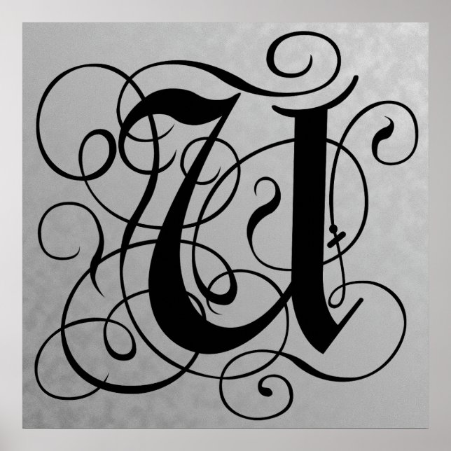 Letter U, Gothic Monogram Black Poster (Front)