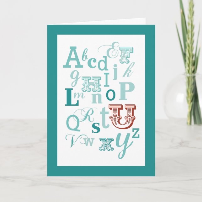 Letter U Initial Name Alphabet Birthday Teal & Red Card (Front)