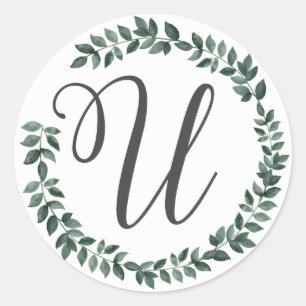 Letter U Monogram Minimalist Botanical Leaf Wreath Classic Round Sticker