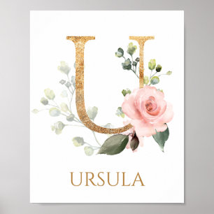 Letter U Monogram pink rose Nursery Poster
