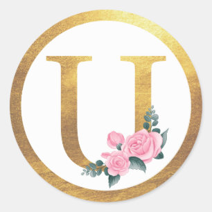 Letter U Monogram Pink Roses Floral & Elegant Gold Classic Round Sticker