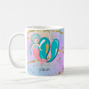 Letter U Monogram Watercolor Cute Mermaid Nursery Coffee Mug