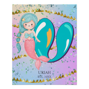 Letter U Monogram Watercolor Cute Mermaid Nursery Poster