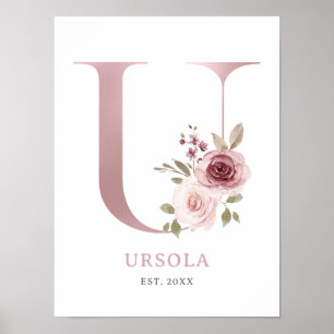 Letter U Monogram Watercolor Rose Florals Nursery  Poster