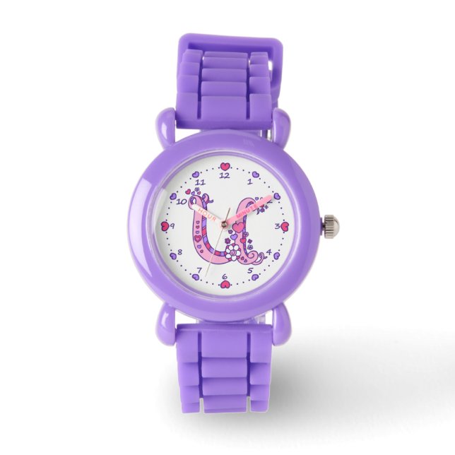 Letter U pink monogram personalised girls watch (Front)