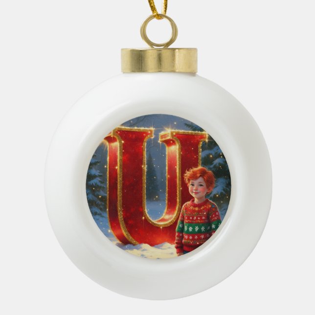 Letter U Sweater Personalised Monogram Holiday Ceramic Ball Christmas Ornament (Front)