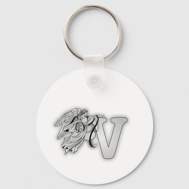 Letter V Angel Monogram Initial Key Ring (Front)