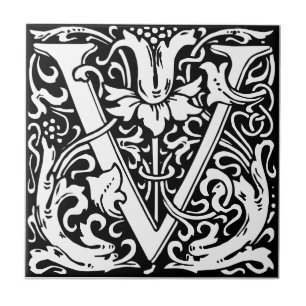 Letter V art nouveau black and white Tile