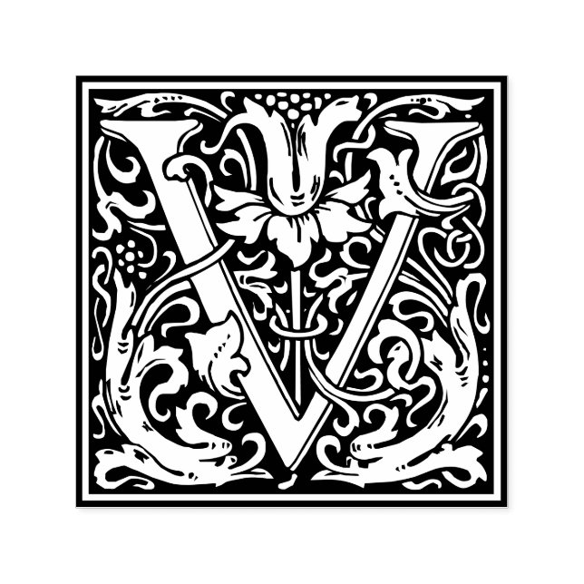 Letter V art nouveau black and white Tile  Self-inking Stamp (Design)