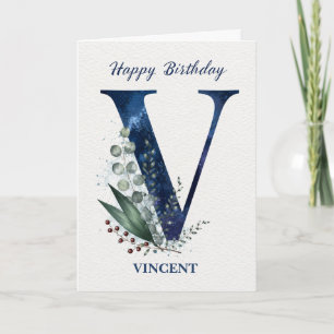 Letter V Birthday for Him Personalised Name Blue Card