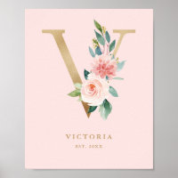 Letter V Blush Floral Monogram Gold Foil Nursery