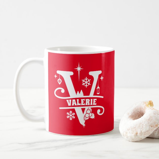 Letter V Christmas Monogram Initial Name Red   Coffee Mug (With Donut)
