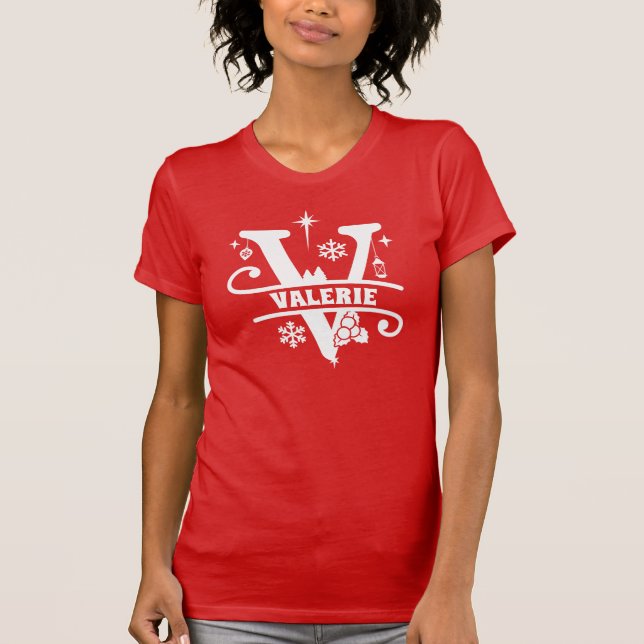 Letter V Christmas Monogram Initial Name Red T-Shirt (Front)