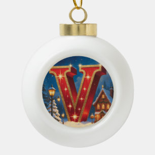 Letter V Christmas Village Personalised Initial Ceramic Ball Christmas Ornament