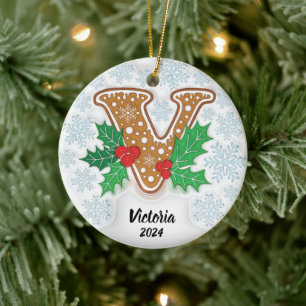 Letter V Custom Name Monogram Christmas Ceramic Tree Decoration