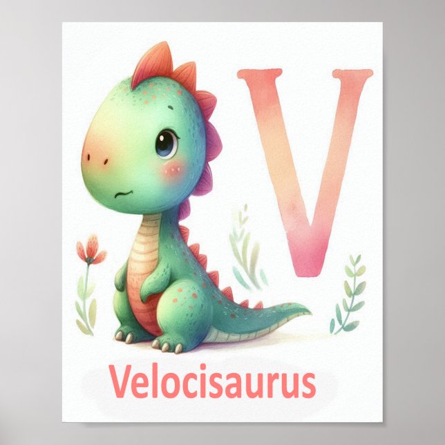 Letter V, Dinosaur Alphabet Watercolor Poster (Front)