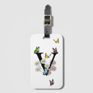 Letter V Floral Butterfly Monogram Initial    Luggage Tag