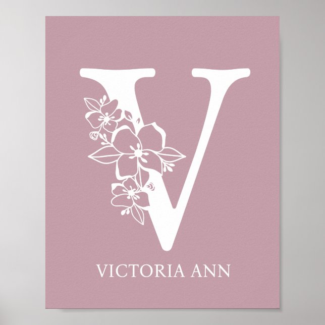 Letter V Floral Monogram Name Nursery Modern Poster (Front)