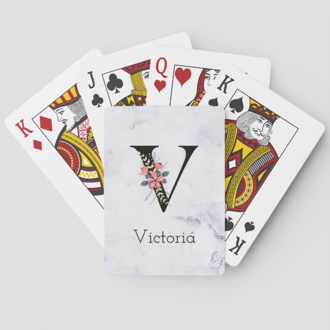 Letter "V" Floral Monogram White Marble Playing Cards (Back)