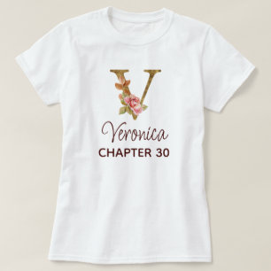 Letter V Gold Monogram Blush Pink Roses Birthday T-Shirt