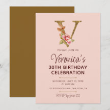 Letter V Gold Monogram Blush Pink Roses