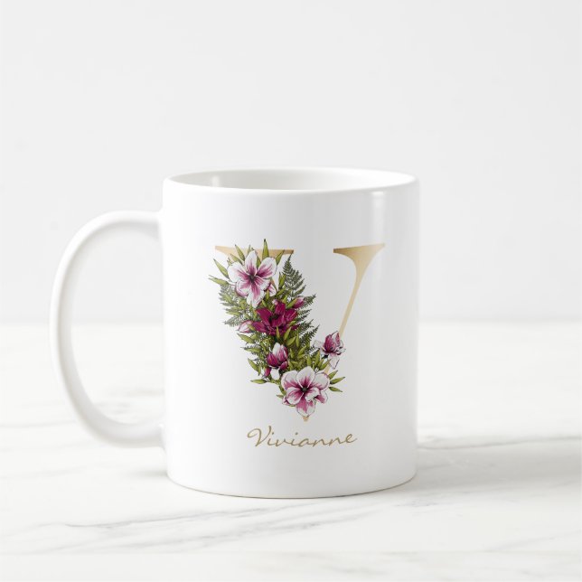 Letter V Gold Monogram Marsala White Florals Coffee Mug (Left)