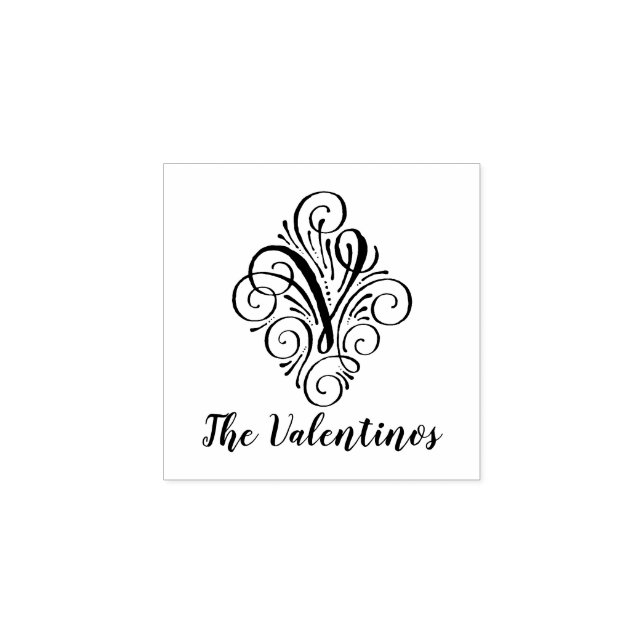 Letter V Initial Elegant Flourish Monogram Name Rubber Stamp (Imprint)