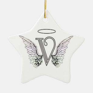 Letter V Initial Monogram with Angel Wings & Halo Ceramic Tree Decoration