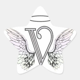 Letter V Initial Monogram with Angel Wings & Halo Star Sticker